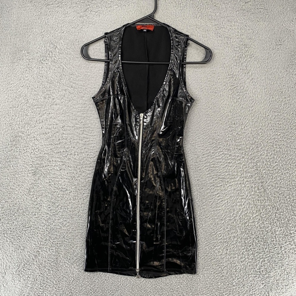 Patrice Catanzaro Dress Womens XS Black Wet Look Zip Front‎ Bodycon Rave Sexy